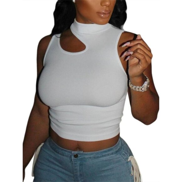 ✨Women White Crop Tops for Sexy Cut Out Tops Casual Style Mock Neck Tank Top - Picture 1 of 6